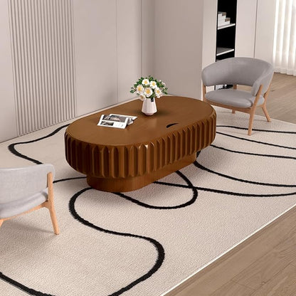 43.3" Oval Drum Coffee Table with Storage Modern Unique Fluted Tea Table Contemporary Wood Oval Coffee Table Centr Table for Living Room Apartment (Brown oval-43.3in)