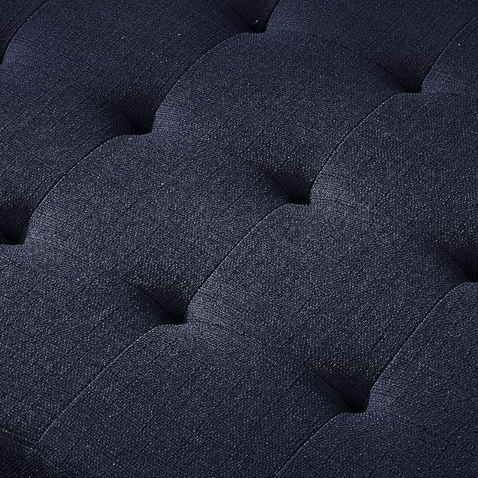 24KF Large Square Upholstered Tufted Linen Ottoman, Large Footrest Ottoman with Solid Wood Shelf- Navy Blue