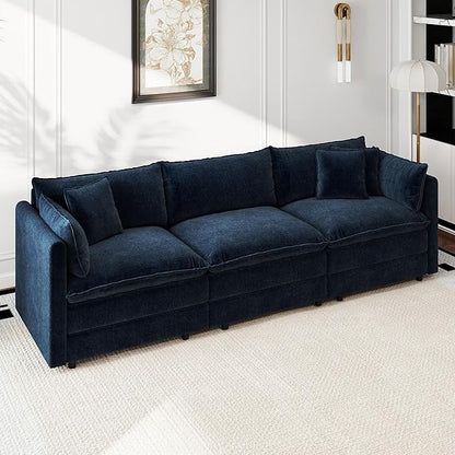 Aoowow Modular Sectional Sofa,112.2 Inch Deep 3-Seater Sofas Comfy Chenille Cloud Sofas and Couches with Pillows for Living Room Apartment（Blue）