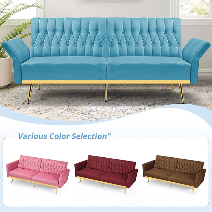 70” Velvet Futon Sofa Bed with 2 Pillows and Adjustable Armrests, Convertible Sleeper Bed W/Adjustable Backrests, Modern Loveseat for Living Room, Bedroom, Baby Blue