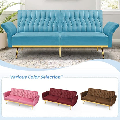 70” Velvet Futon Sofa Bed with 2 Pillows and Adjustable Armrests, Convertible Sleeper Bed W/Adjustable Backrests, Modern Loveseat for Living Room, Bedroom, Baby Blue