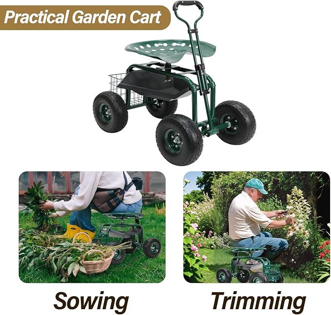 BESTHLS Garden Cart with Seat on Wheels Rolling Gardening Stool with Wheels Heavy Duty for Planting with 360 Degree Swivel Seat Steering Handle & Utility Tool Tray