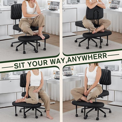Ergonomic Cross Legged Office Chair with Wheels, Wide Seat and Backrest for Meditation, ADHD Cross Legged Office Chair with Adjustable Height, 360°Rotating Footrest for Yoga Home Office