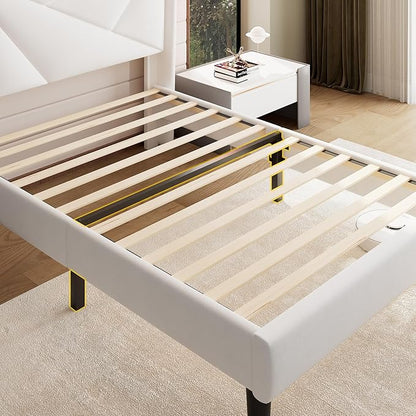 iPormis Twin Size Bed Frame with Charging Station, Velvet Platform Bed Frame with Wingback Headboard Upholstered Bedframe, Solid Wood Slats Support, No Box Spring Needed, Easy Assembly, White