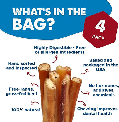 Best Bully Sticks Natural Jumbo Bully Sticks for Large Dogs - 6 Inch, 4 Count (Pack of 1) - 100% Free-Range Grass-Fed Beef, Single-Ingredient, Grain and Rawhide Free Long Lasting Dog Chews