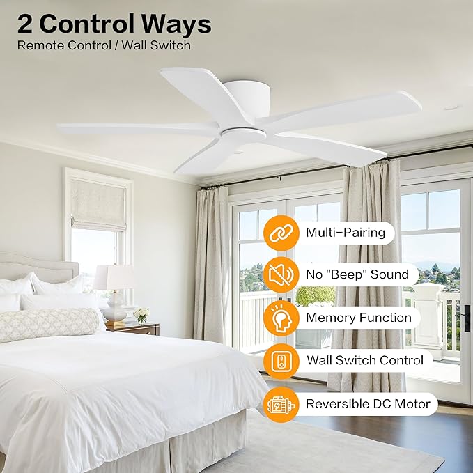 WINGBO 48" Flush Mount DC Ceiling Fans Without Lights, 5 Carved Solid Wood