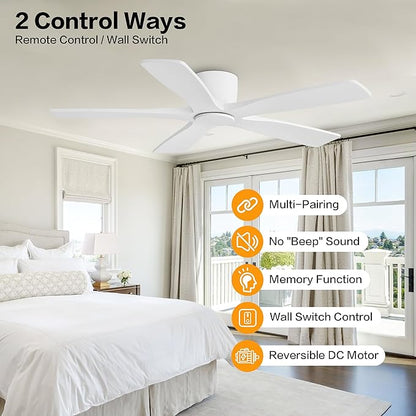 WINGBO 48" Flush Mount DC Ceiling Fans Without Lights, 5 Carved Solid Wood