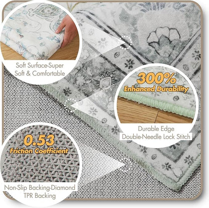 5x7 Soft Washable Area Rugs for Living Room and Bedroom, Non-Slip Stain Resistant Indoor Carpet, Cozy Floor Mat for Dining Room, Office, Under TableStain Resistant Green Floral
