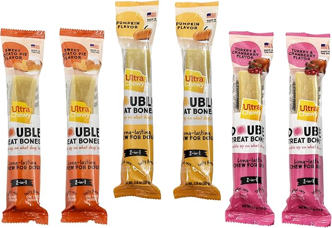 Ultra Chewy Gourmet Flavors: Long-Lasting Chews Made in USA, Highly Digestible, for Aggressive Chewers - Sweet Potato Pie, Turkey and Cranberry, Pumpkin Flavors (6 Count)