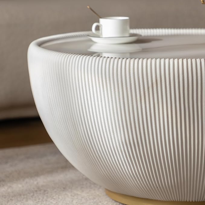 White Round Coffee Table with Sintered Stone Tabletop, 27.56" Drum Coffee Table with Fluted PU Leather Covered and Metal Base, Circle Cocktail Tea Table for Living Room