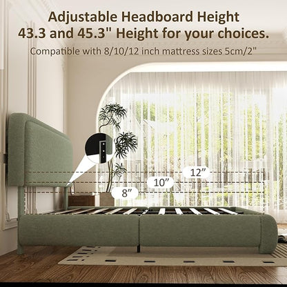 Queen Bed Frame, Teddy Velvet Boucle Bed Frame with 43.3"/45.3" Adjustable Upholstered Headboard, Rounded Corners, Mattress Foundation, No Box Spring Required, Green