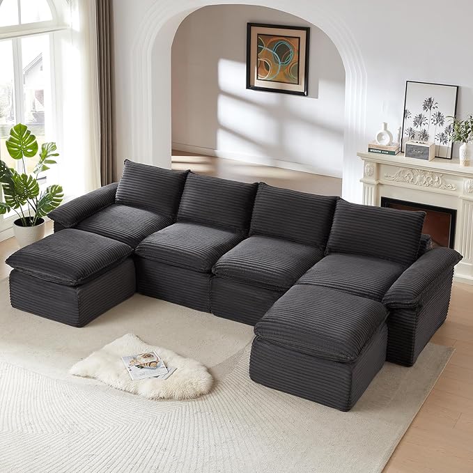 141.74" Sectional Couches for Living Room Modern Modular Sofa with U-Shape Couchs Upholstered Corduroy Boneless Couch Deep Seat Cloud Couch with Ottoman, No Assembly Required, Dark Gray