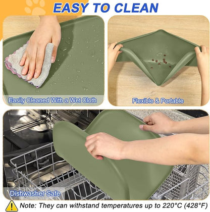 SMILOOL Waterproof Silicone Pet Food Mat with Raised Edge for Dog & Cat | 19" x 12" Non-Slip Pet Feeding Mats with Lip for Food & Water Bowl, Food Grade, Easy Cleaning, Light Olive Green