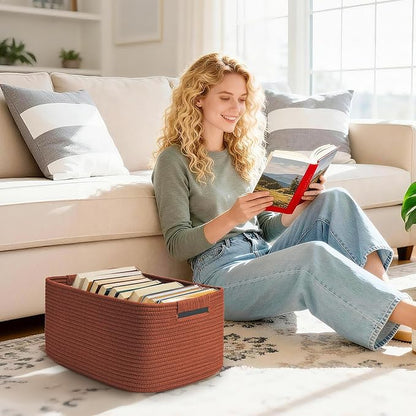 2 Pack Large Storage Basket for Organizing, 17.5"x13"x7" Woven Basket for Shelves, Closet Cube Storage Bins with Wrapped Handle, Cotton Rope Baskets for Kitchen, Clothes, Toys(Oxide Red)