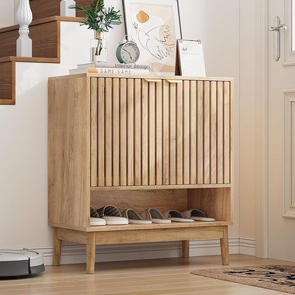 Shoe Cabinet with Slatted Doors, Freestanding Shoe Cabinet Storage