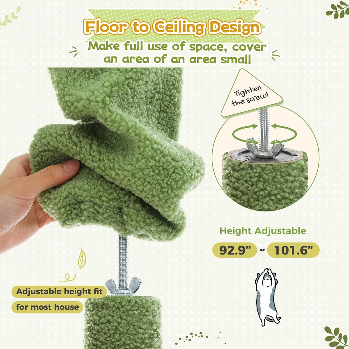 PEQULTI Floor to Ceiling Cat Tree 92.9’’-101.6’’ Height Adjustable Cat Tower Tall Kitty Climbing Play House with Scratching Posts, Cozy Condo, Perches and Large Hammock for Indoor Cats Green