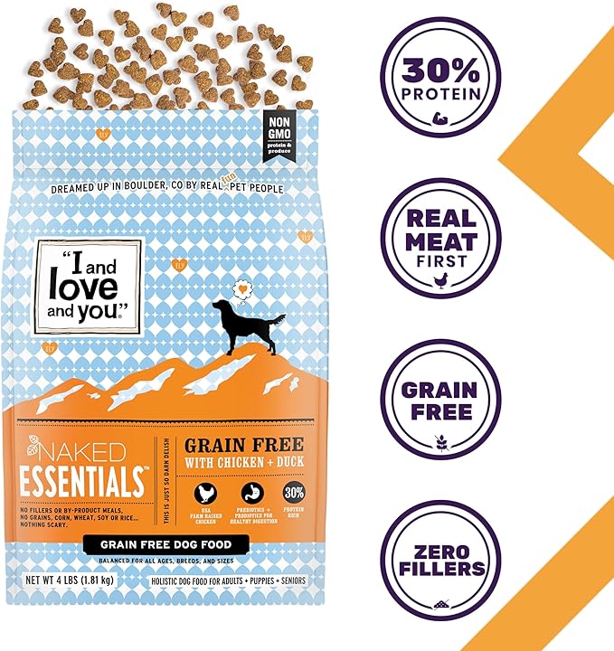 I and love and you Naked Essentials Dry Dog Food - Chicken + Duck - High Protein, Real Meat, No Fillers, Prebiotics + Probiotics, 23lb Bag