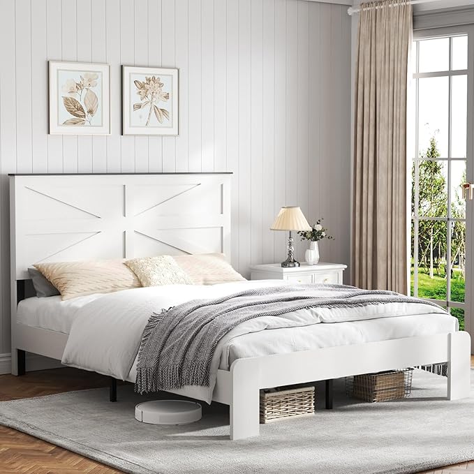 Wooden Bed Frame Queen Size with Headboard, Farmhouse Platform Bedframe with Wood Slat Support, Sturdy Framework Bed Frame, Easy Assembly (Rustic White)