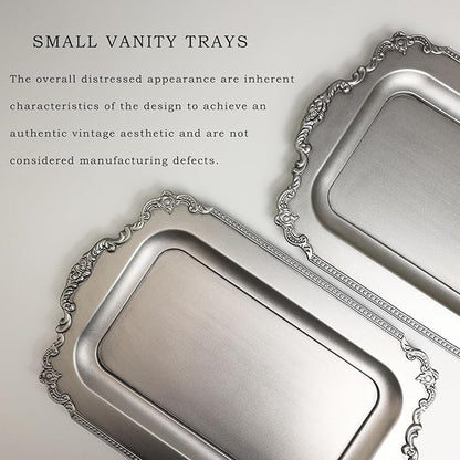 Set of 2 Matte Silver-Effect Plastic Decorative Trays for Coffee Table- Vintage Style (Actual Available Size: 10.5" L x 5.9" W)