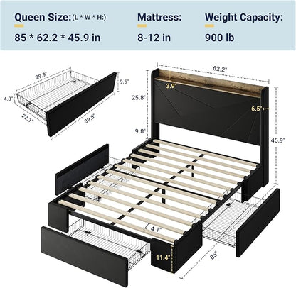 Allewie Queen Size Velvet Bed Frame with 3 Storage Drawers, Upholstered Platform Bed with Wingback Storage Headboard and USB Ports, No Box Spring Needed, Easy Assembly, Black