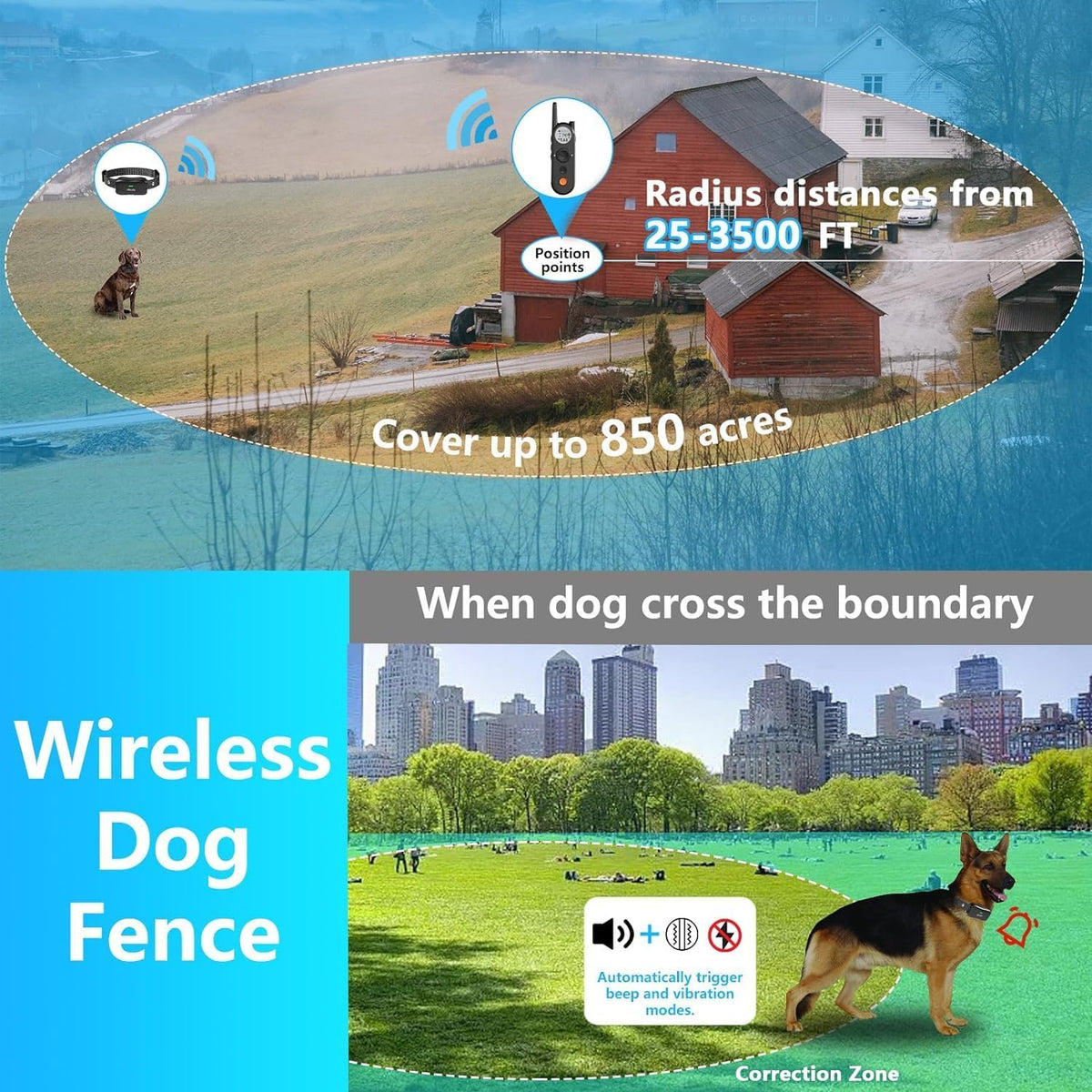Wireless Dog Fence, 3500FT Fence Range, 6100FT Remote Training, 185 Days Rechargeable, IPX7 Waterproof Collar, 3 Training Modes (Black 2 Dogs)
