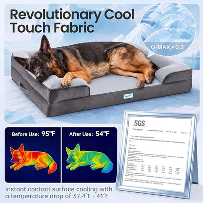 OhGeni Orthopedic Cooling Dog Bed Couch, Memory Foam, 44-inch (Cool Gray) | Cooling Big Pet Sofa for Extra Large Sized Pets with Machine-Washable Waterproof Removable Cover & Soft Comfortable Fabric