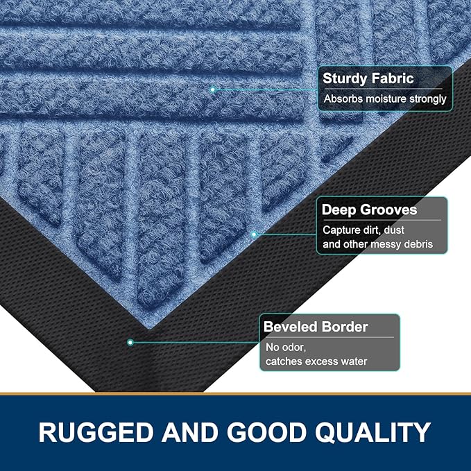 Smiry Front Door Mat Outside Entrance, Heavy Duty Outdoor Indoor Mat, Natural Rubber Doormat, Non Slip, Trap Dirt and Moisture, Easy Clean, Low Profile Patio Porch Entryway Mat, 47x23, Blue