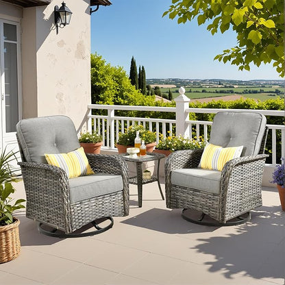 CAODOC 3-Piece Swivel Rocking Rattan Chair Outdoor, Patio Bistro Furniture Conversation Set, Wicker Chair with Coffee Table Dark Gray