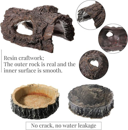 Reptile Hide & Food Bowls - Lizard Resin Hollow Tree Trunk Hideout, Bearded Dragon Tank Accessories - Water Dish Habitat Tank Decoration for Lizards, Snake, Gecko - 3 Pcs (Brown Rock)