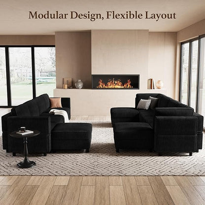 9 Seat Modular Sectional Sofa Sleeper Couch with Deep Storage Seat Corduroy Sectional Sofa Bed for Living Room,Black