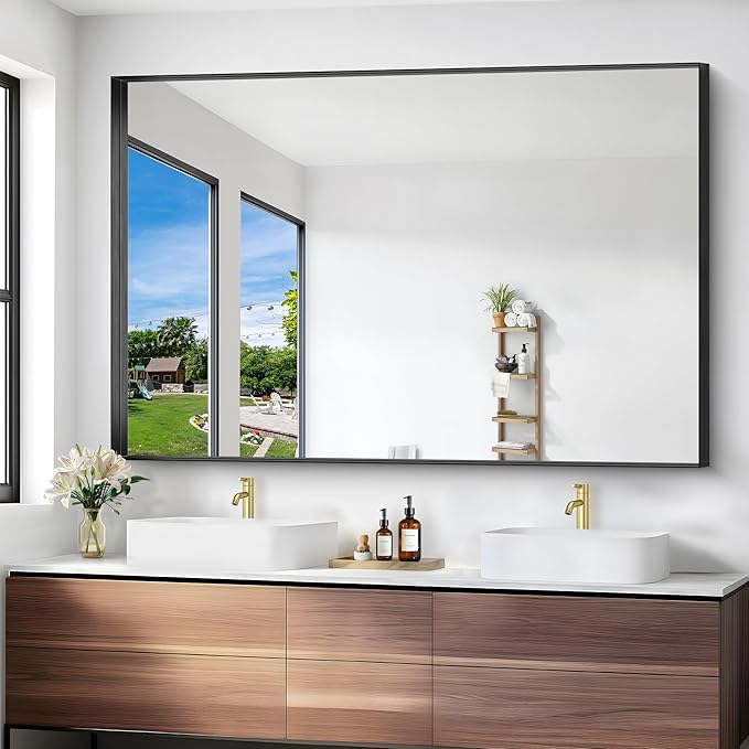 Black Bathroom Mirror, 42x42 Inch Rectangular Framed Mirror, Large Wall Mounted