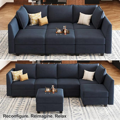 Belffin Modular Sectional Sofa Sleeper Couch with Storage Velvet Sectional Sofa Bed, 6 Seats, Blue