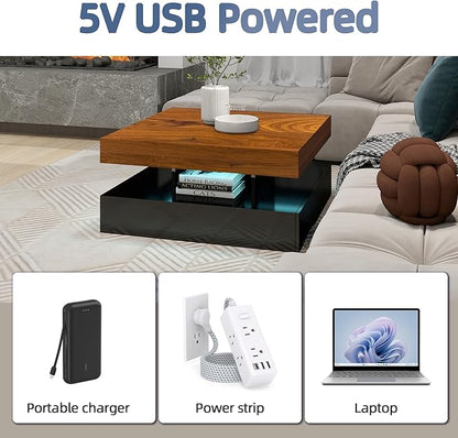 LED Coffee Table for Living Room, 2-Tier Modern Square Center Table with Music Sync Lights, High Gloss Surface, 30 3/4" x 30 3/4" (Rustic Brown+Black)