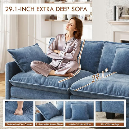 WorthFurni 111.4” Cloud Couch, Modular Sectional Sofa, Comfy Modern 3-Seater Couches with Pillows & Upholstered Deep Seat Cushion for Living Room Apartment Bedroom (Blue)