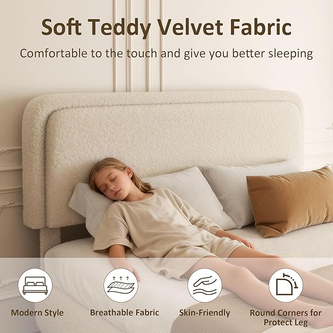 Queen Bed Frame, Teddy Velvet Boucle Bed Frame with 43.3"/45.3" Adjustable Upholstered Headboard, Rounded Corners, Mattress Foundation, No Box Spring Required, Beige