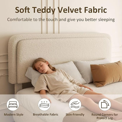 Queen Bed Frame, Teddy Velvet Boucle Bed Frame with 43.3"/45.3" Adjustable Upholstered Headboard, Rounded Corners, Mattress Foundation, No Box Spring Required, Beige