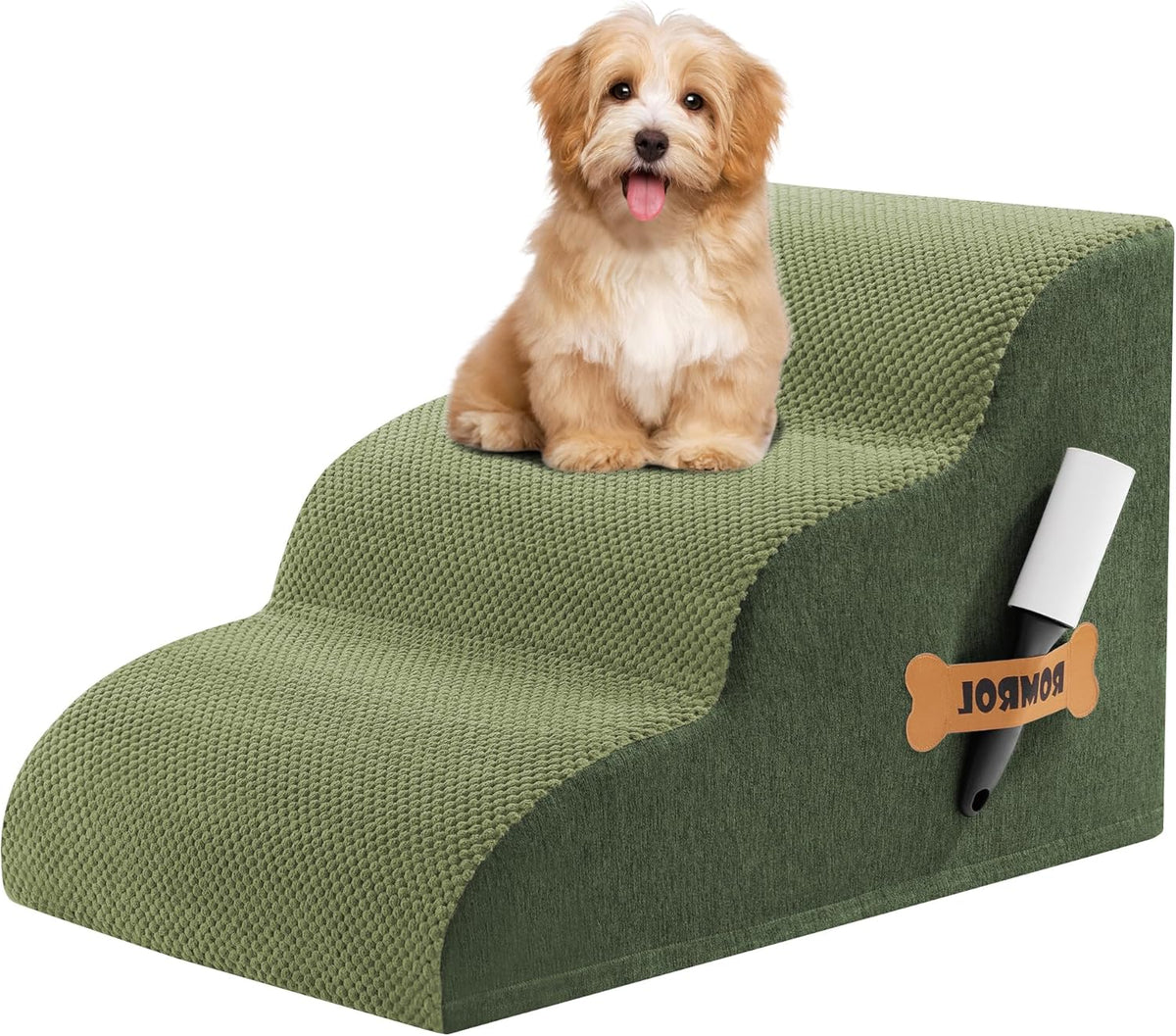 Romrol Dog Stairs Ramp for High Beds Couches, High Density Foam Pet Steps with Durable Non-Slip Waterproof Fabric Cover, Dog Stairs for Small Dogs or Cats or Pets, 3-Step,15 Inch,Green
