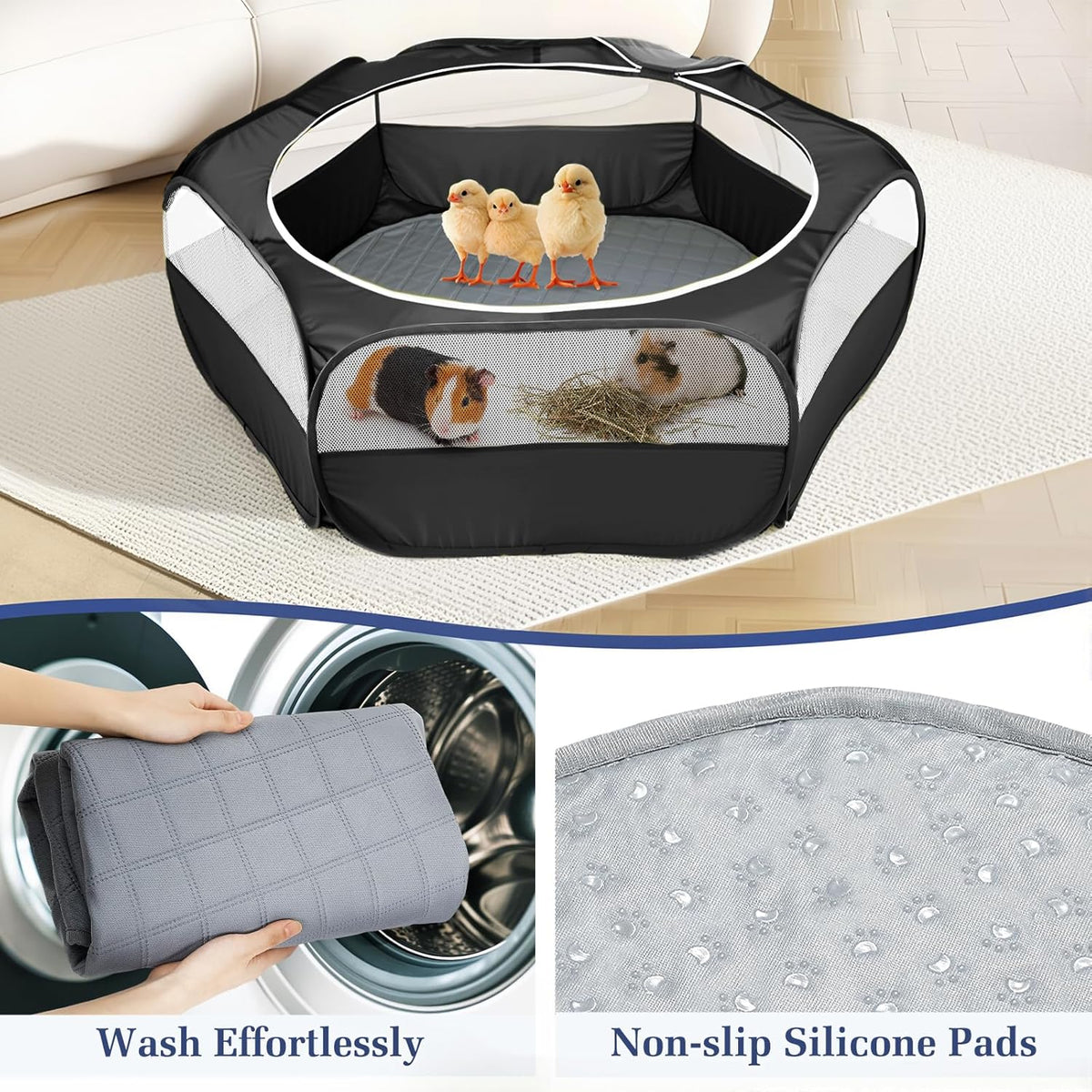 2-in-1 Small Animals Playpen with Pad, Waterproof Small Pet Cage Tent with Reusable Pad, Portable Outdoor Yard Fence with 3 Metal Rod for Chick/Kitten/Puppy/Guinea Pig/Rabbits/Chinchillas, Black