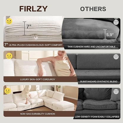 FIRLZY 92" Modular Sectional 4 Seater Sofa with Removable Covers and Storage, Convertible L-Shaped and Sleeper Sectional, Modern Corduroy Couches with Ottoman Chaise for Living Room, Apartment, Blue