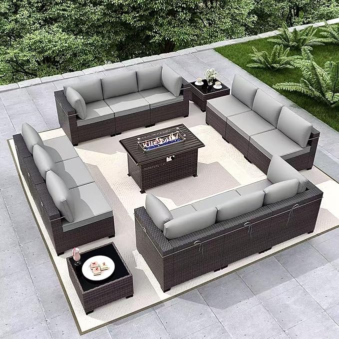 Gotland 15 Pieces Patio Furniture Set with Fire Pit Table, All Weather Rattan Outdoor Furniture with 29.5'' High Backrest 4’’ Thick Cushions Coffee Table, Patio Set for Porch, Deck, Backyard, Gray