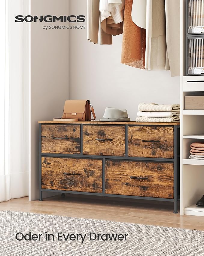 SONGMICS Dresser for Bedroom, Chest of Drawers, 5 Non-Woven Fabric Drawers