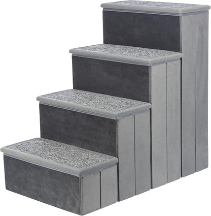 TRIXIE 4-Step Velour Pet Stairs, Gray | Collapsible, Storage Compartments for Pet Toys, Ideal for Dogs and Cats
