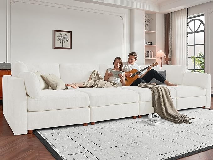 CUGOAO 118'' Modular Sectional Sofa, Oversized, Sectional Couch, Deep Seat Chenille Cloud Couch Sofa, Removable Cover, Mordern Upholstered Couches for Living Room, Apartment, Office, Beige