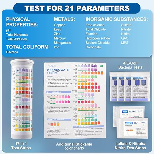 21-in-1 Home Drinking Water Testing Kit, 145 Strips + 4 Bacteria Tests