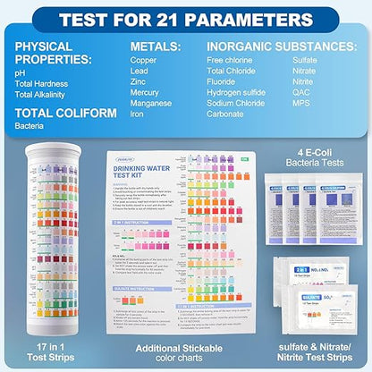 21-in-1 Home Drinking Water Testing Kit, 145 Strips + 4 Bacteria Tests