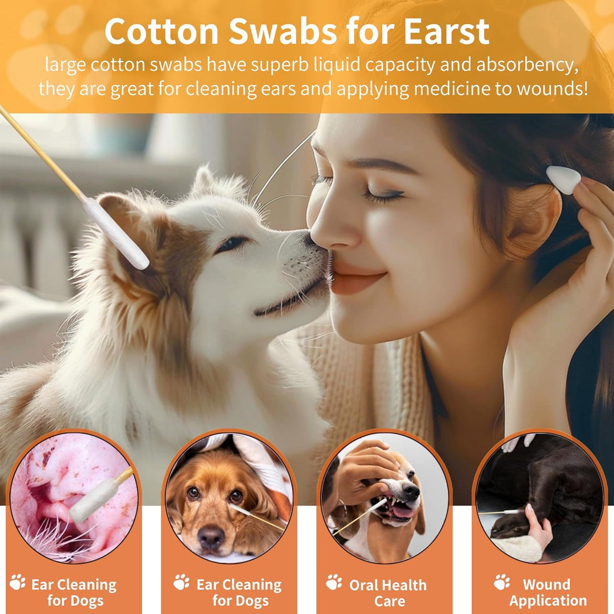 300 PCS 6 Inch Long Cotton Swabs in Box - Professional Large Cotton Swabs with Bamboo Handle - Double Sided Dog Ear Swabs - Specially Designed Big Cotton Swabs for Dog Ear, Cleaning Solution