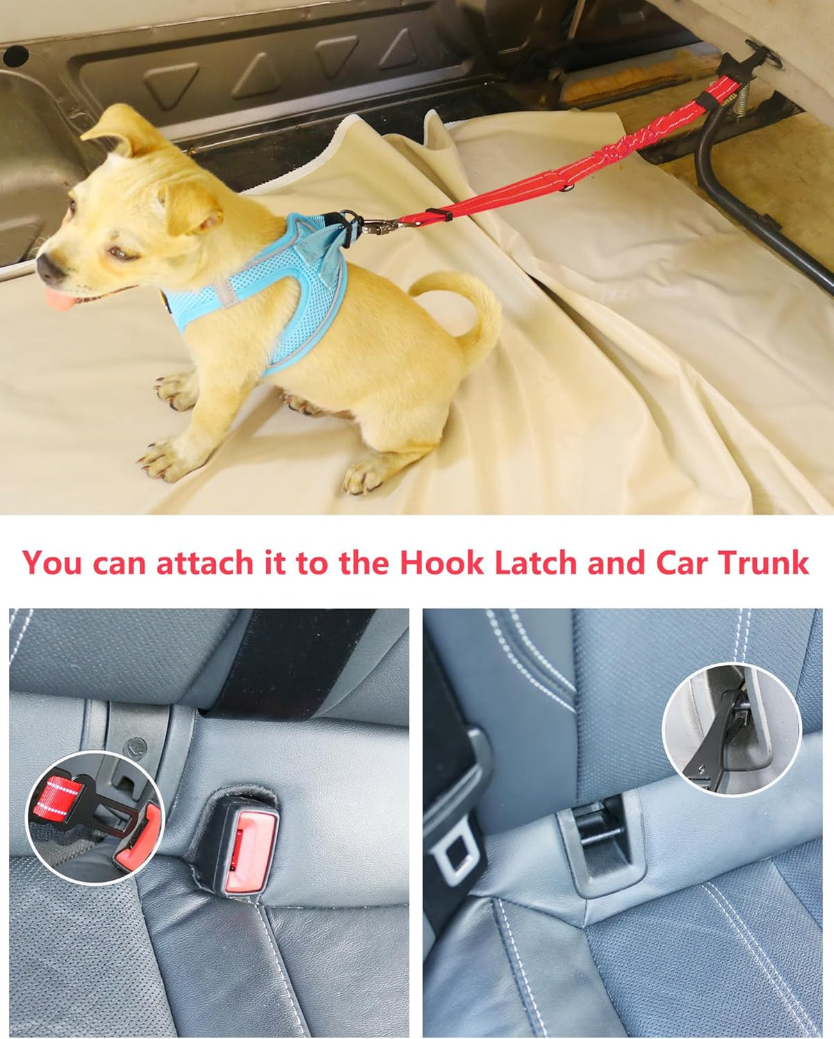 AUBELL Dog Seat Belt for Car,Updated 3-in-1 Adjustable Reflective Bungee Heavy Duty Dog Car Harness Tether with Clip Hook Latch & Buckle,Swivel Zinc Alloy Carabiner,Red