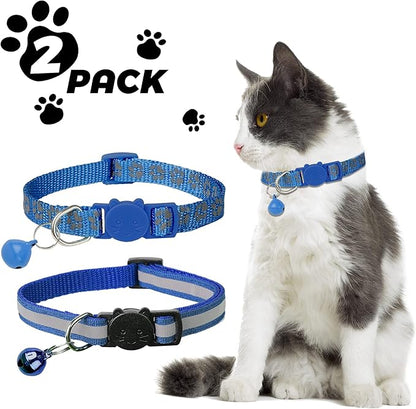 BANMODER 2 Pack Reflective Cat Collar Breakaway with Bell,Personalized Kitten Collars,Adjustable Safety Buckle Collar for Male Cats Girls & Boys (Navy Blue)