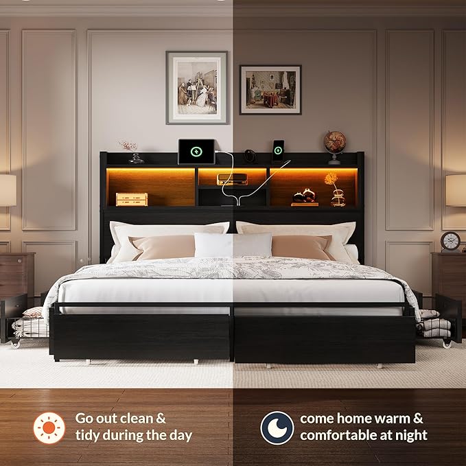LARMACE King Size Bed Frame with 6 Storage Drawers and Headboard Wooden Platform Bed Frame with LED Lights and Charging Station Easy Assembly/No Box Spring Needed/Black
