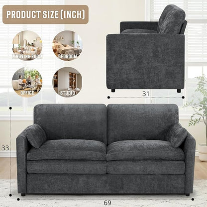 69" Chenille Modern Couch with Cozy & Soft Backrests, 2 Seats Sofa with 2 Extra Pillows, Comfy Upholstered Sofa with Thicker Cushions for Living Room, Office, Grey